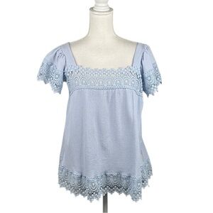 Boho Light Blue Embroidered Casual Flowy Festival Summer Spring Top Size Large